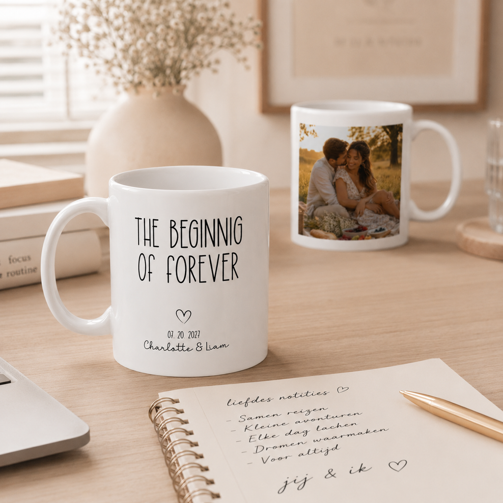 Personalized beginning of forever photo mug displayed as a gift