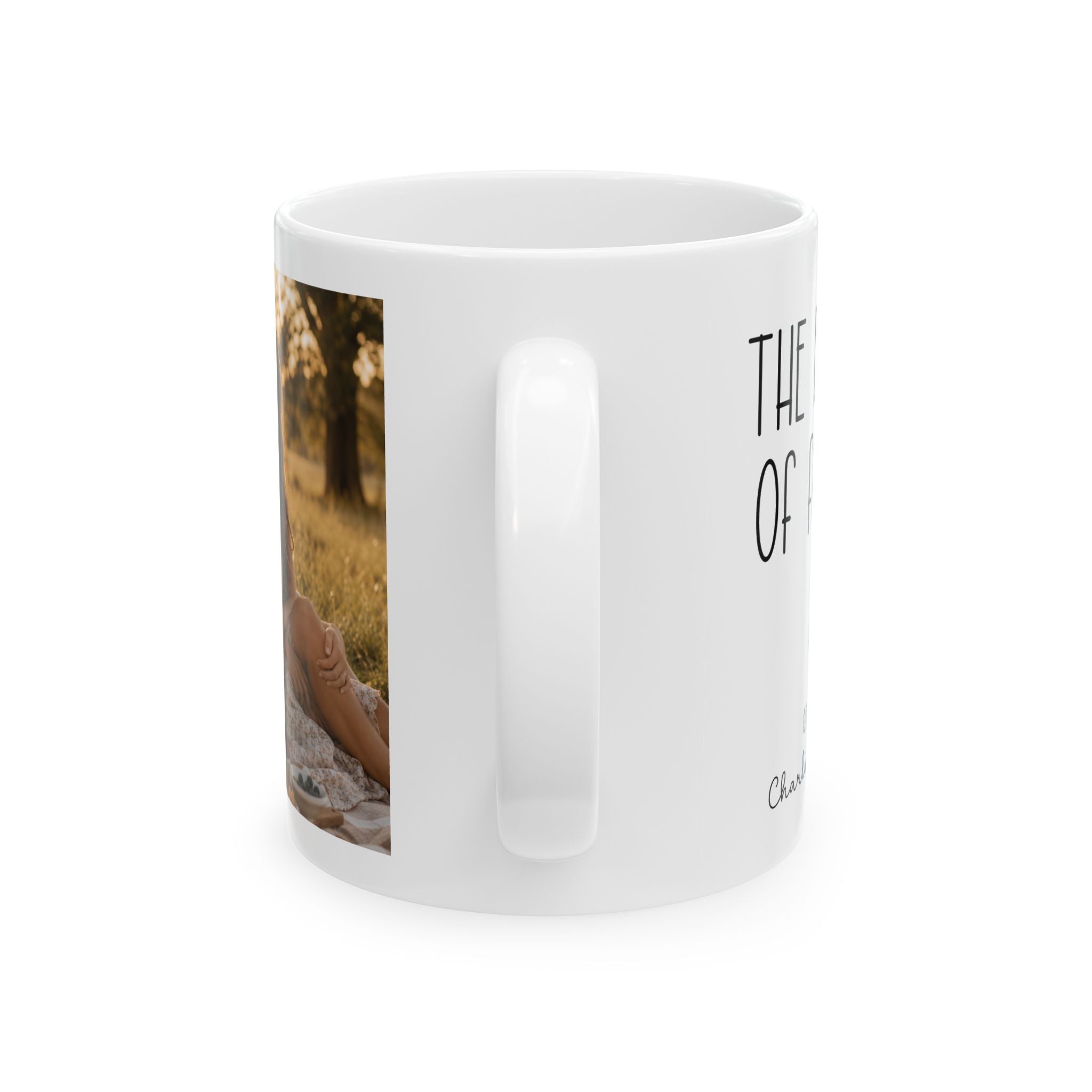Personalized beginning of forever photo mug held in hand