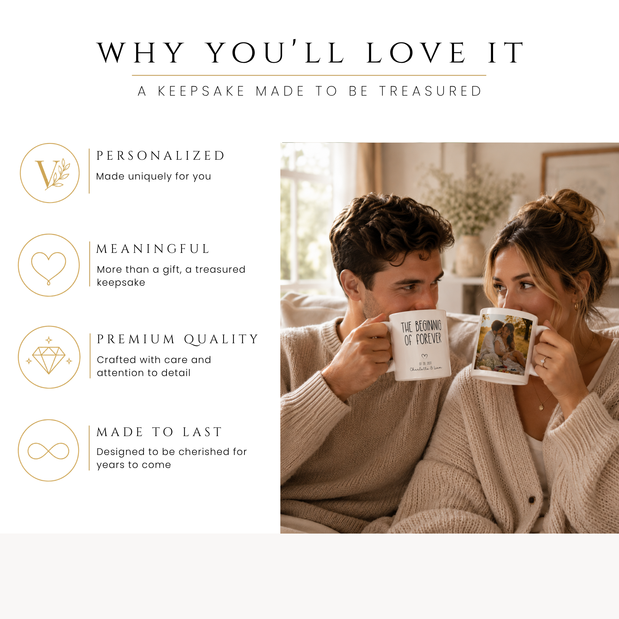 Personalized beginning of forever photo mug, handle-side view