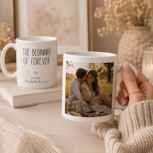 Personalized beginning of forever photo mug shown from the side
