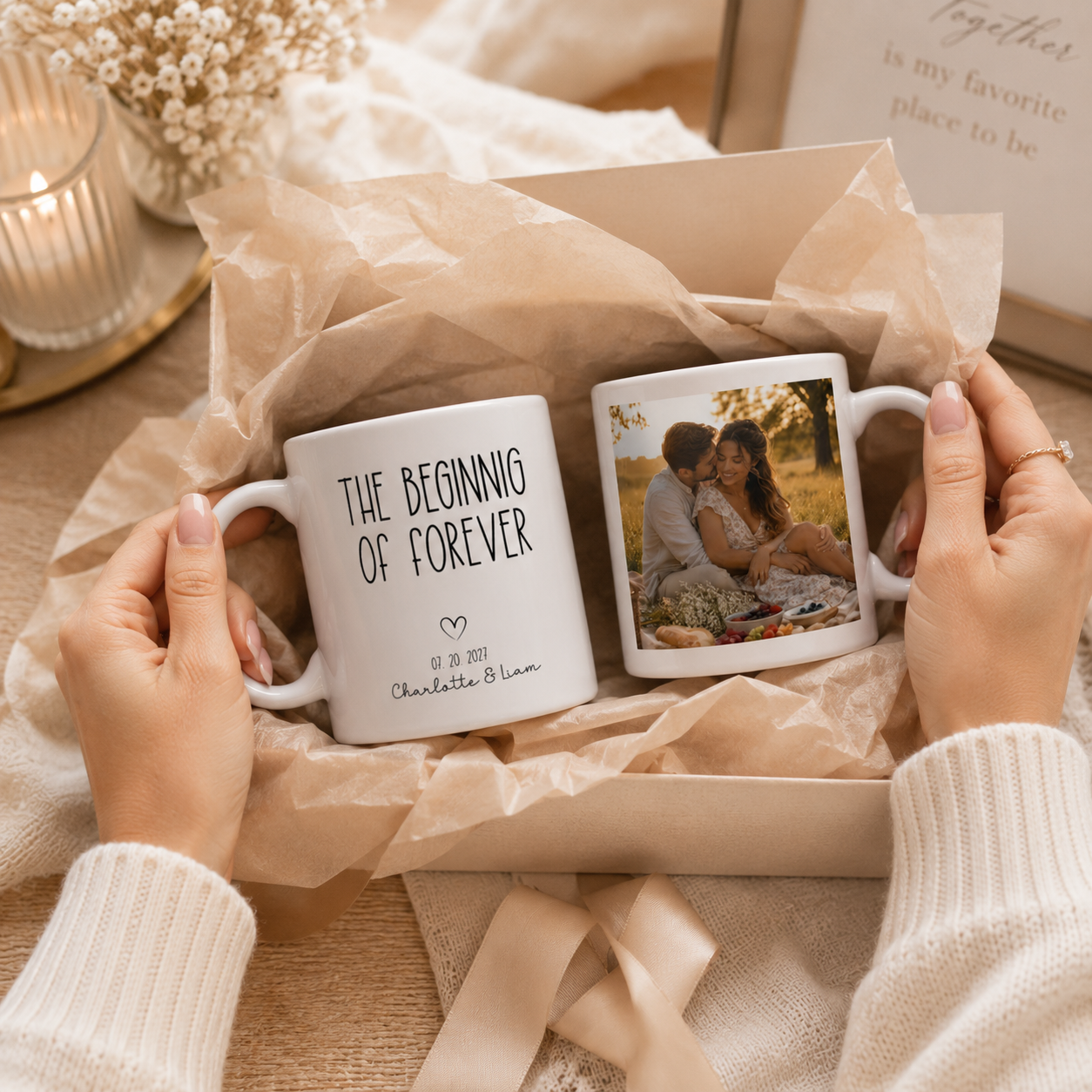 Personalized beginning of forever photo mug size and detail view, 11oz and 15oz
