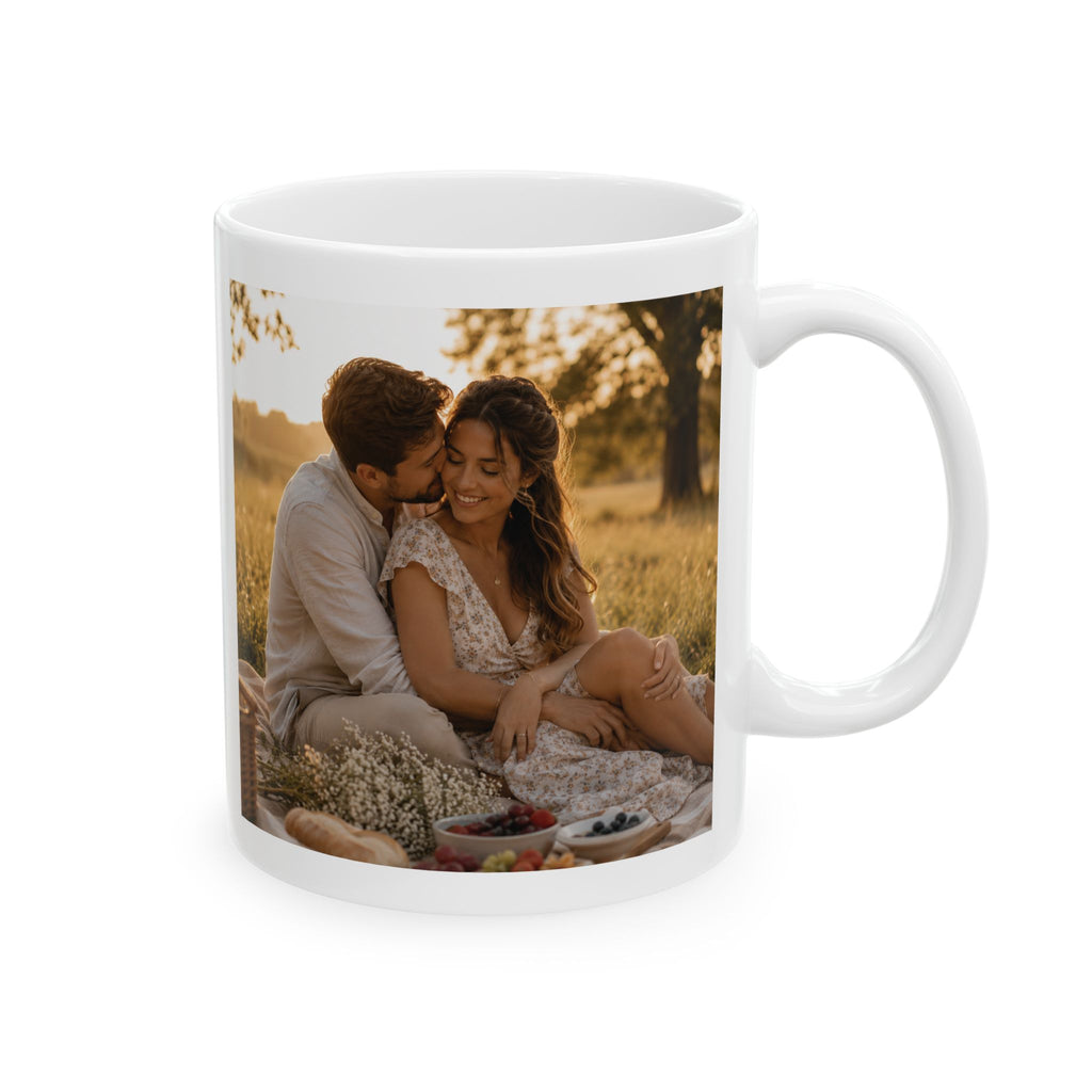 Personalized just married photo mug displayed on a desk