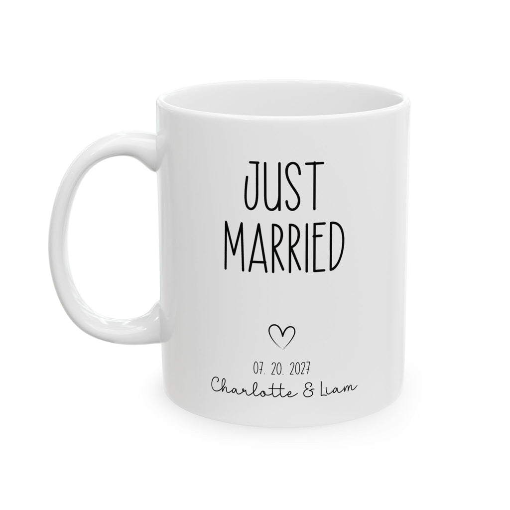 Personalized just married photo mug for bride and groom, front view