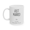Personalized just married photo mug for bride and groom, front view