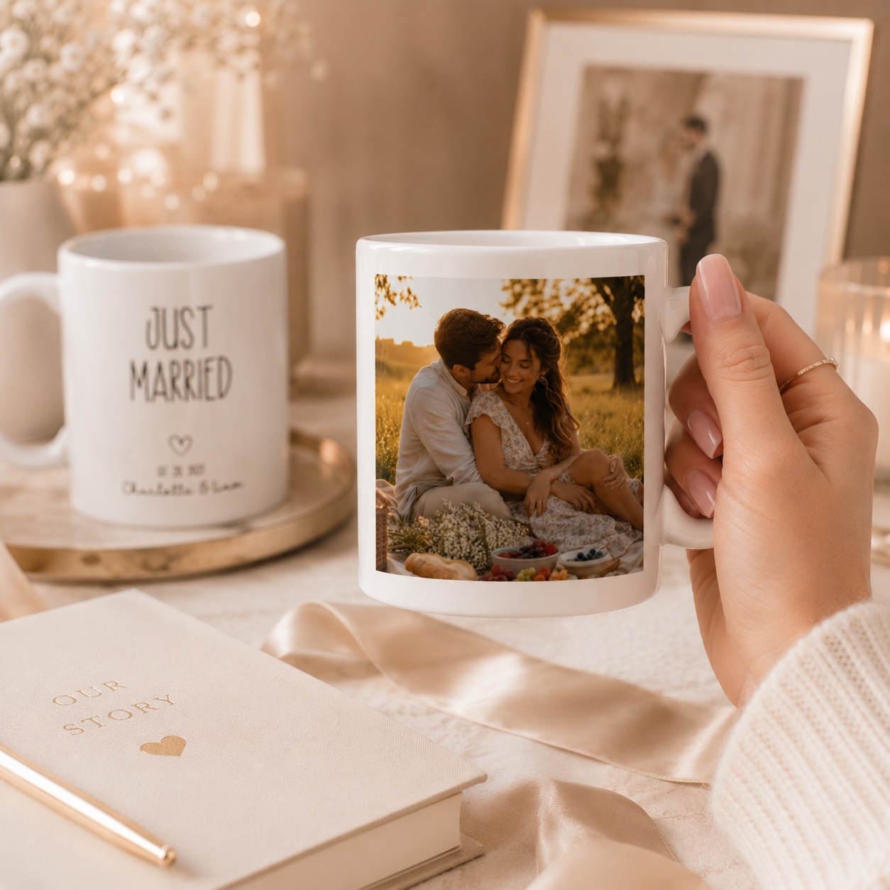 Personalized just married photo mug displayed as a gift