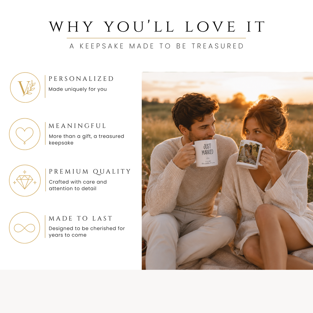 Personalized just married photo mug, handle-side view