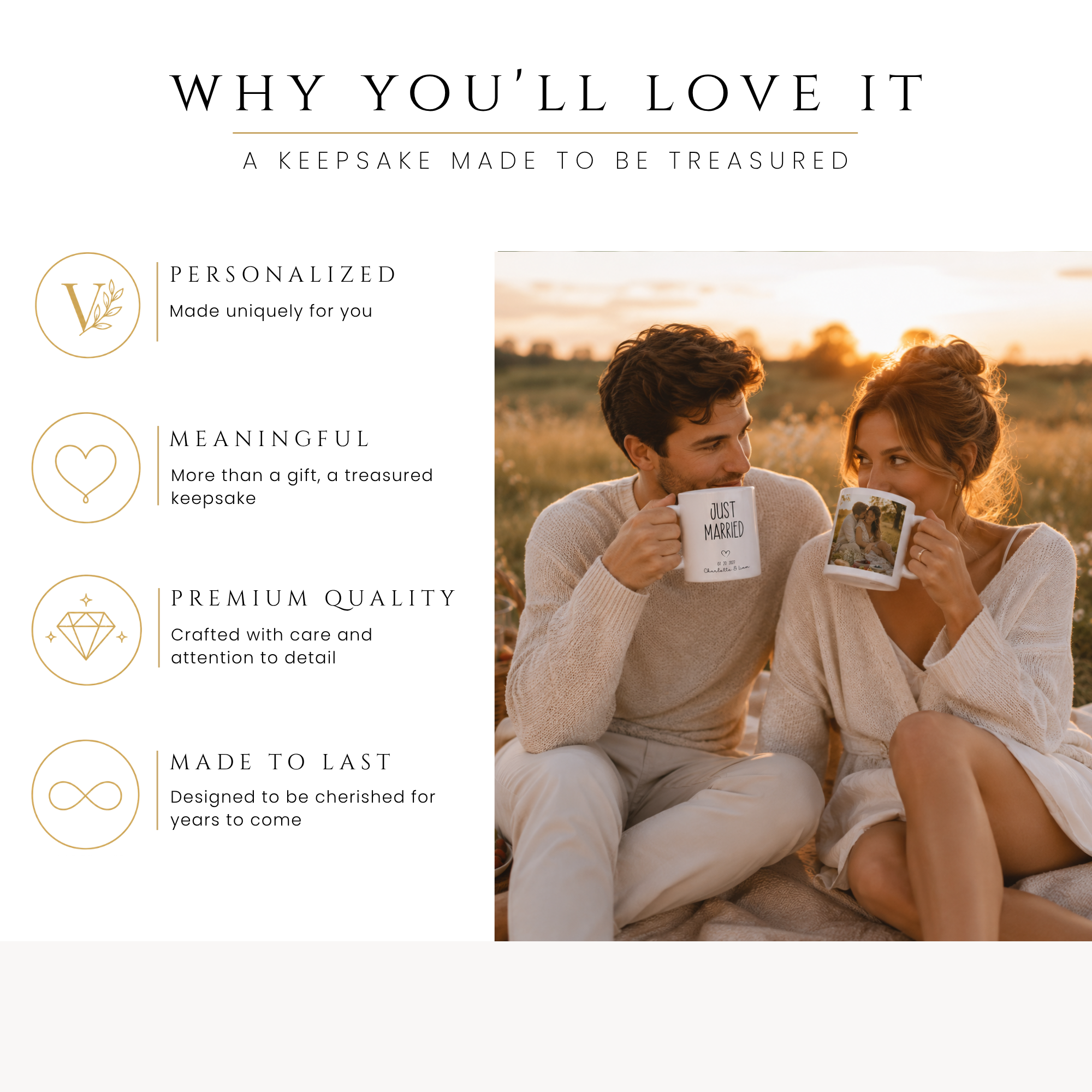 Personalized just married photo mug, handle-side view
