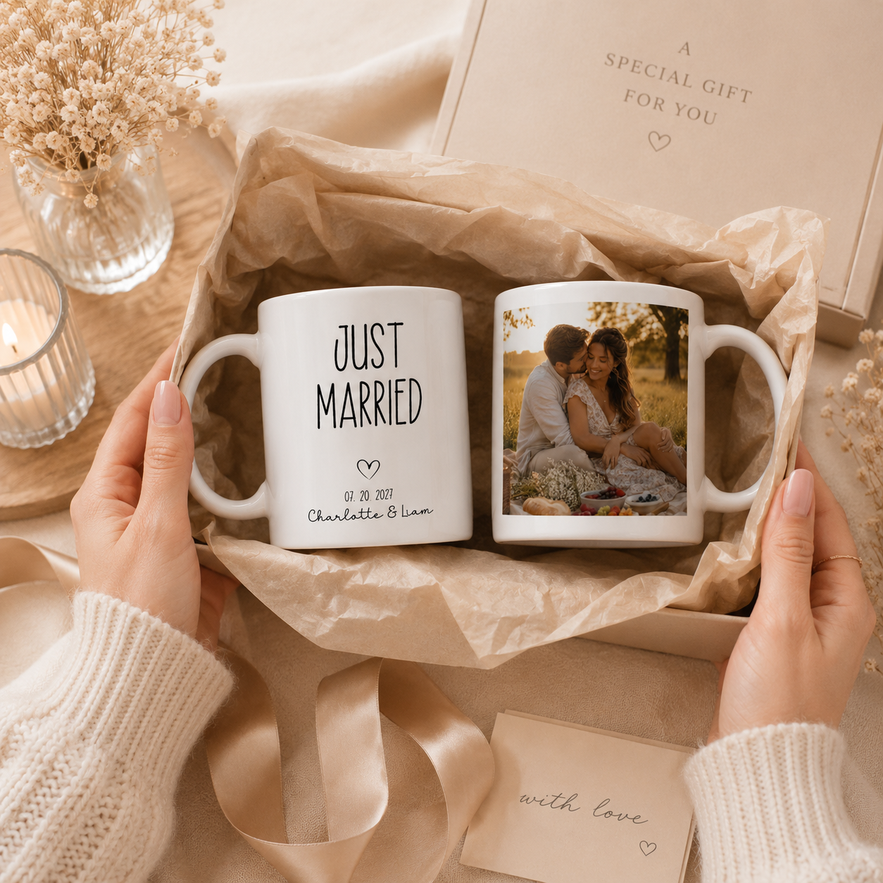 Personalized just married photo mug shown from the side