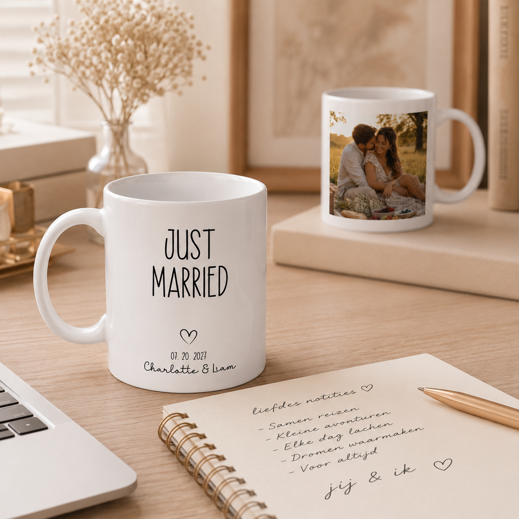 Personalized just married photo mug size and detail view, 11oz and 15oz