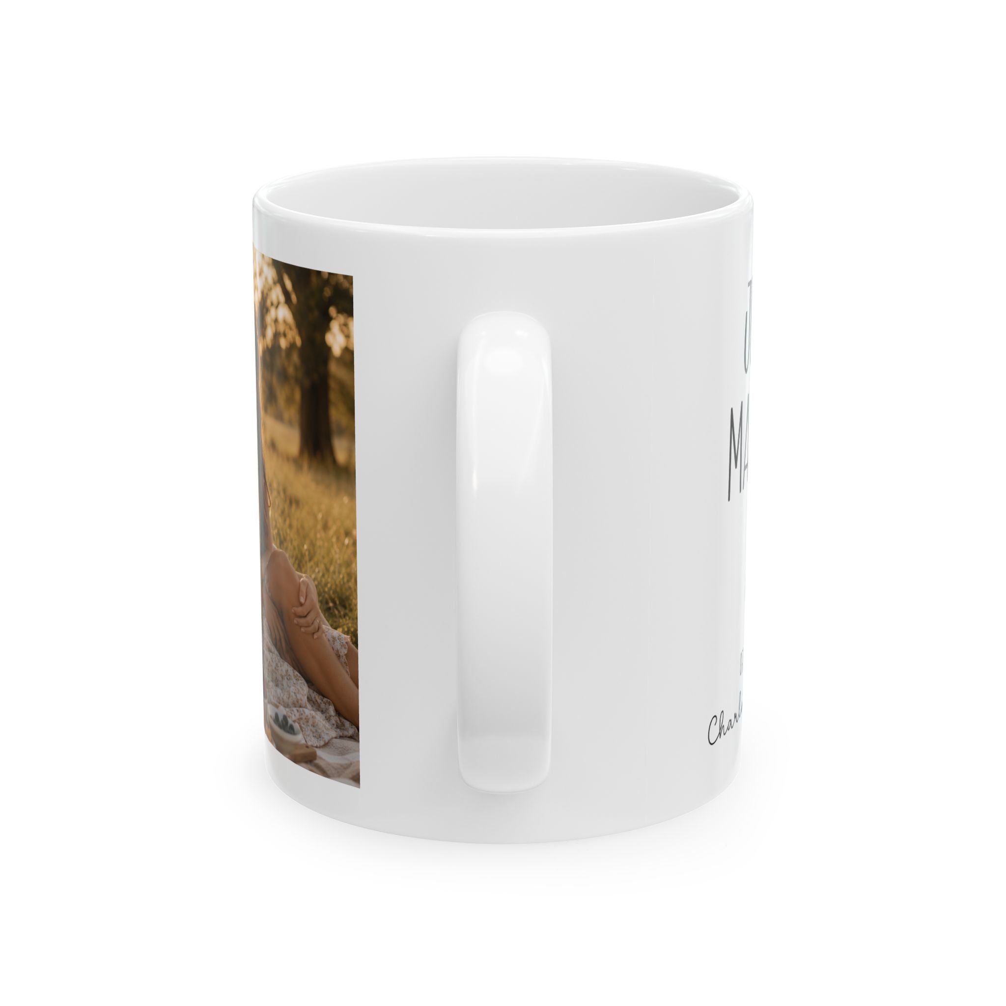Personalized just married photo mug shown on a table as a wedding gift