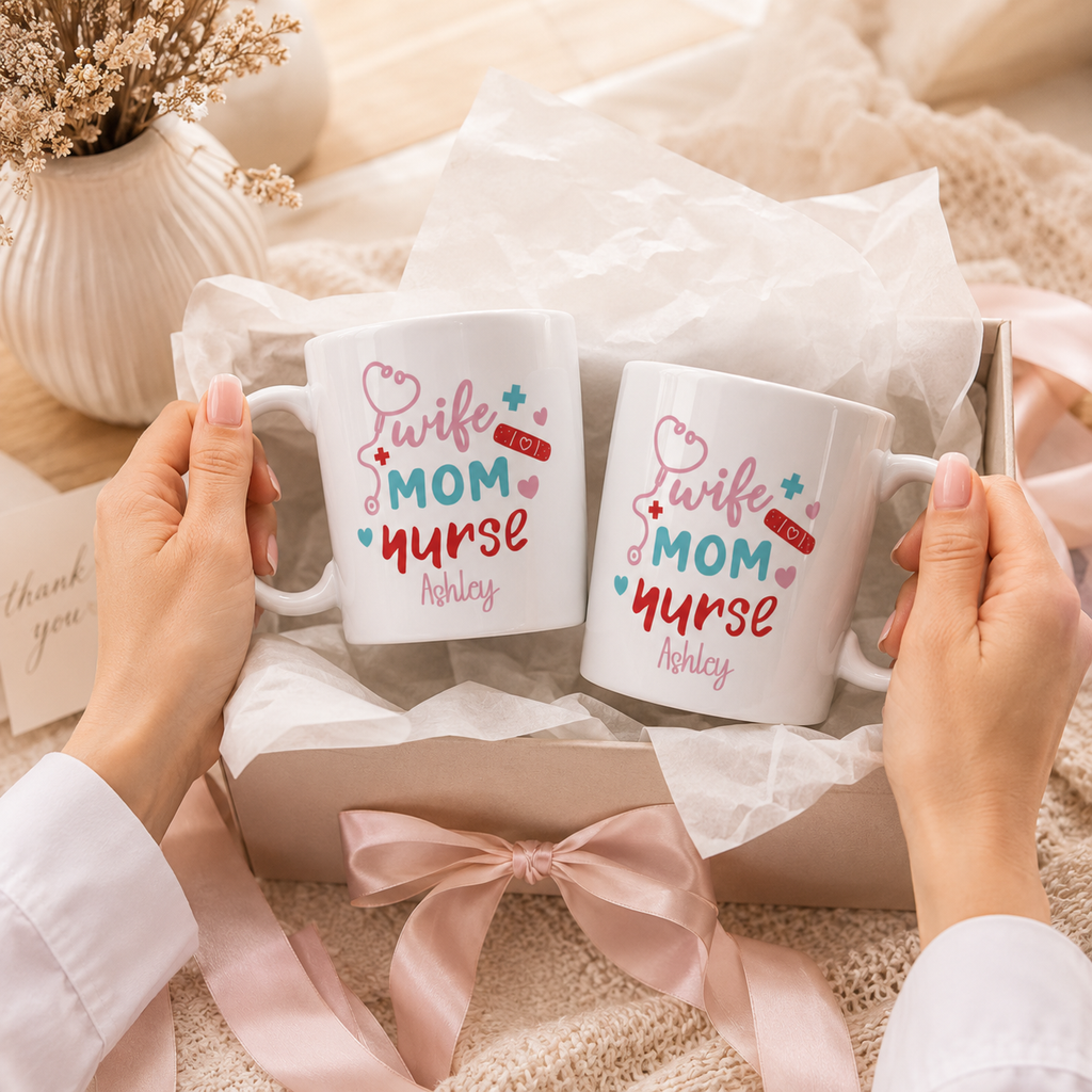 Personalized ceramic mug features — dishwasher and microwave safe