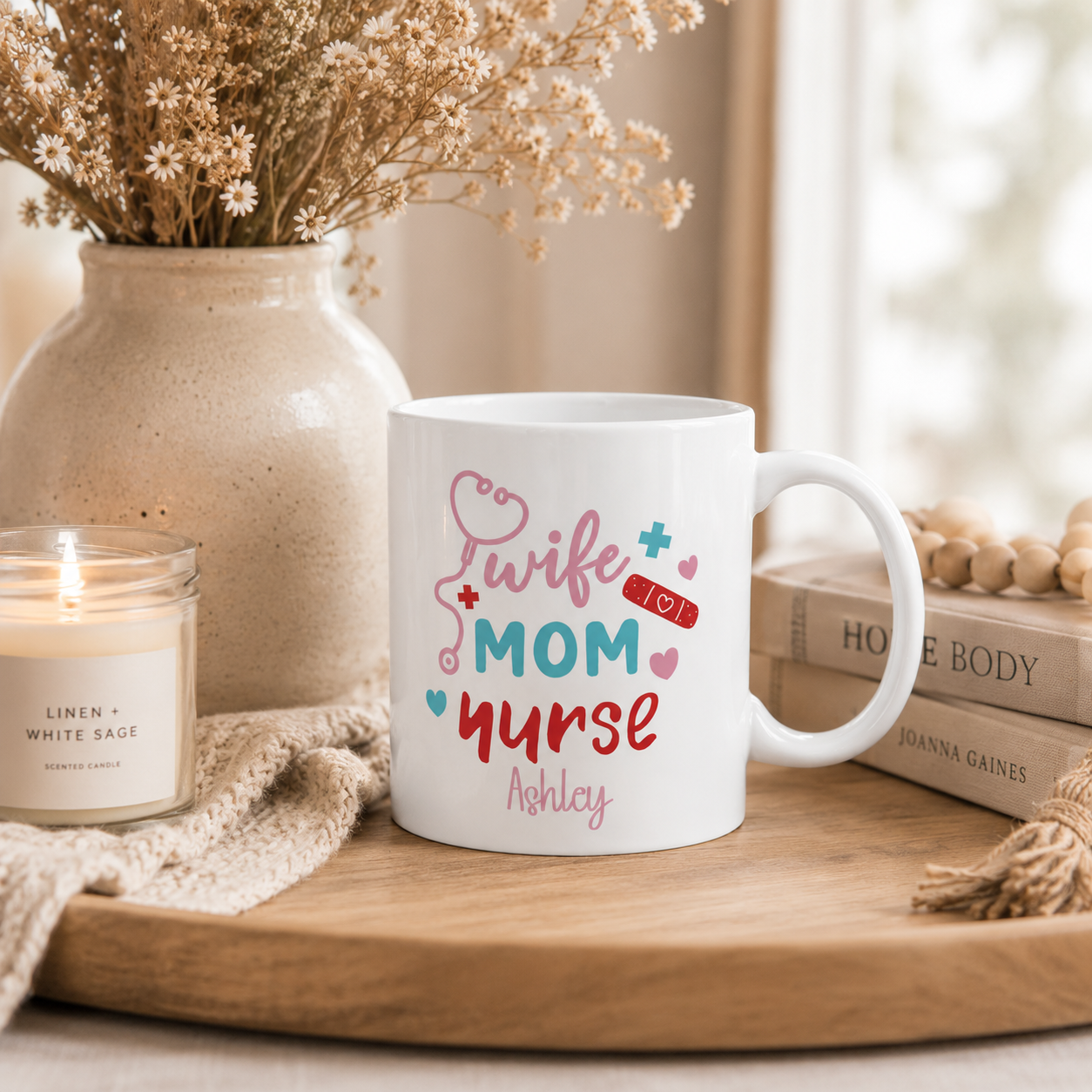 Personalized wife mom nurse mug displayed as a gift