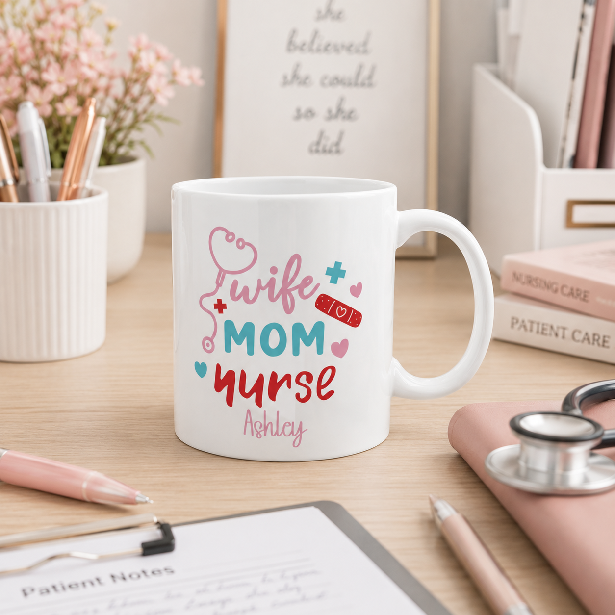 Personalized wife mom nurse mug shown from the side