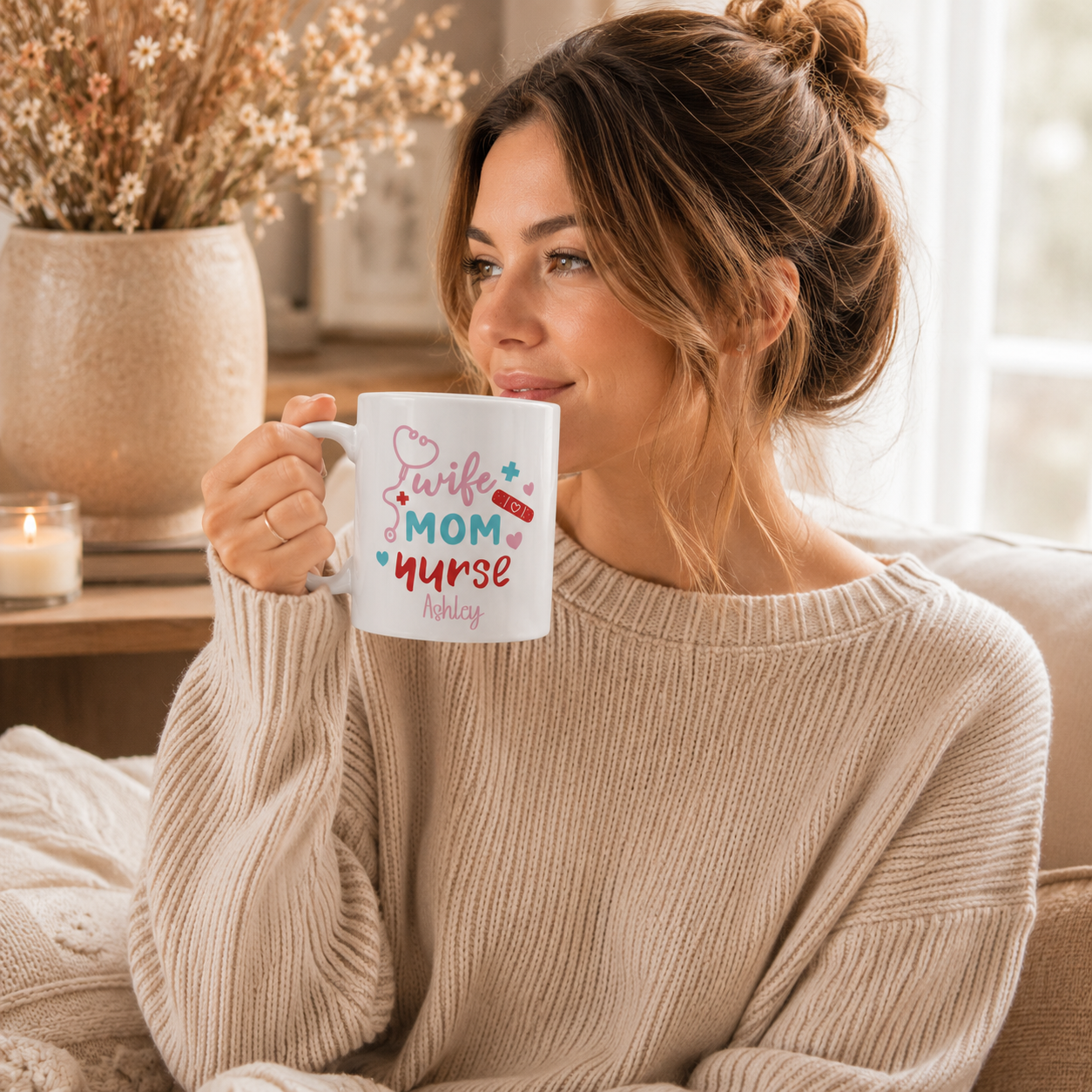 Personalized wife mom nurse mug size and detail view, 11oz and 15oz