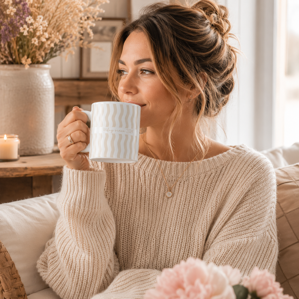 Personalized ceramic mug features — dishwasher and microwave safe