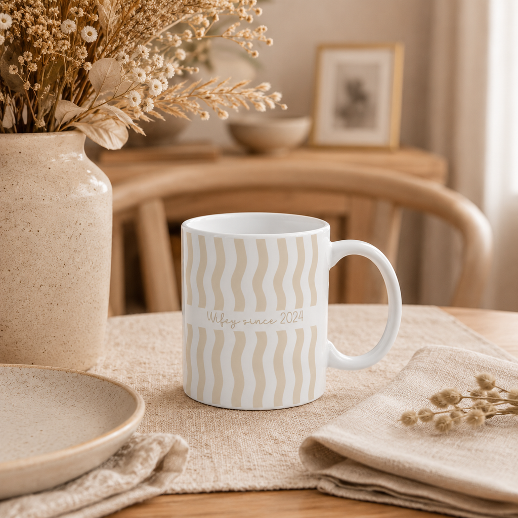 Personalized wifey since wavy stripe mug displayed as a gift
