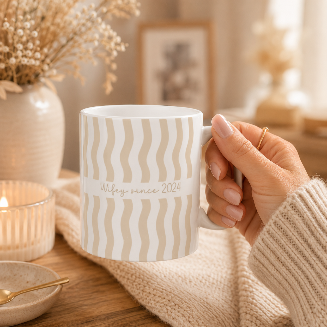 Personalized wifey since wavy stripe mug shown from the side