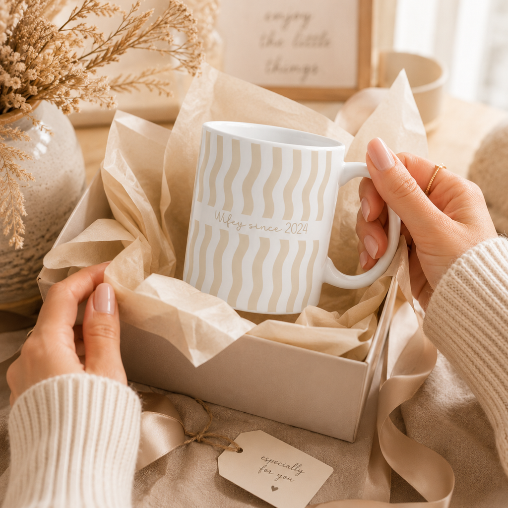 Personalized wifey since wavy stripe mug size and detail view, 11oz and 15oz