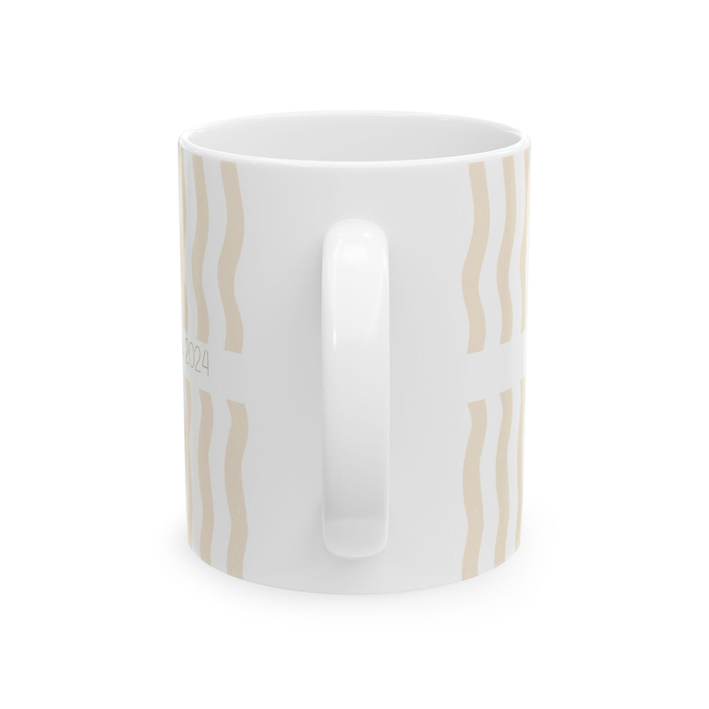 Personalized wifey since wavy stripe mug shown on a table as a wedding gift