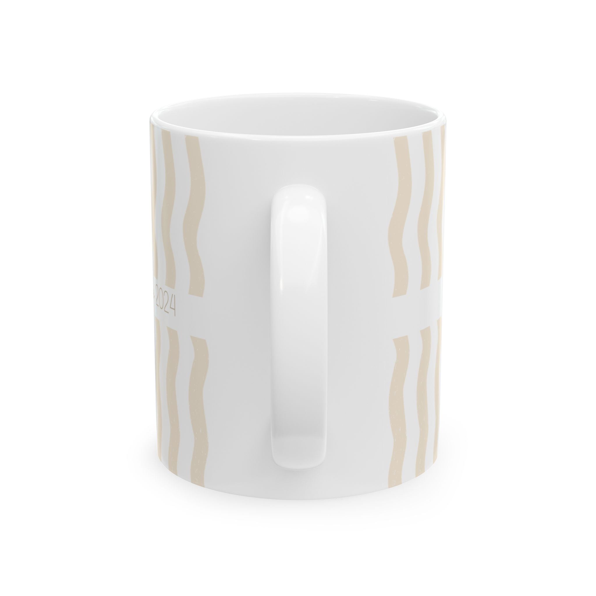Personalized wifey since wavy stripe mug shown on a table as a wedding gift