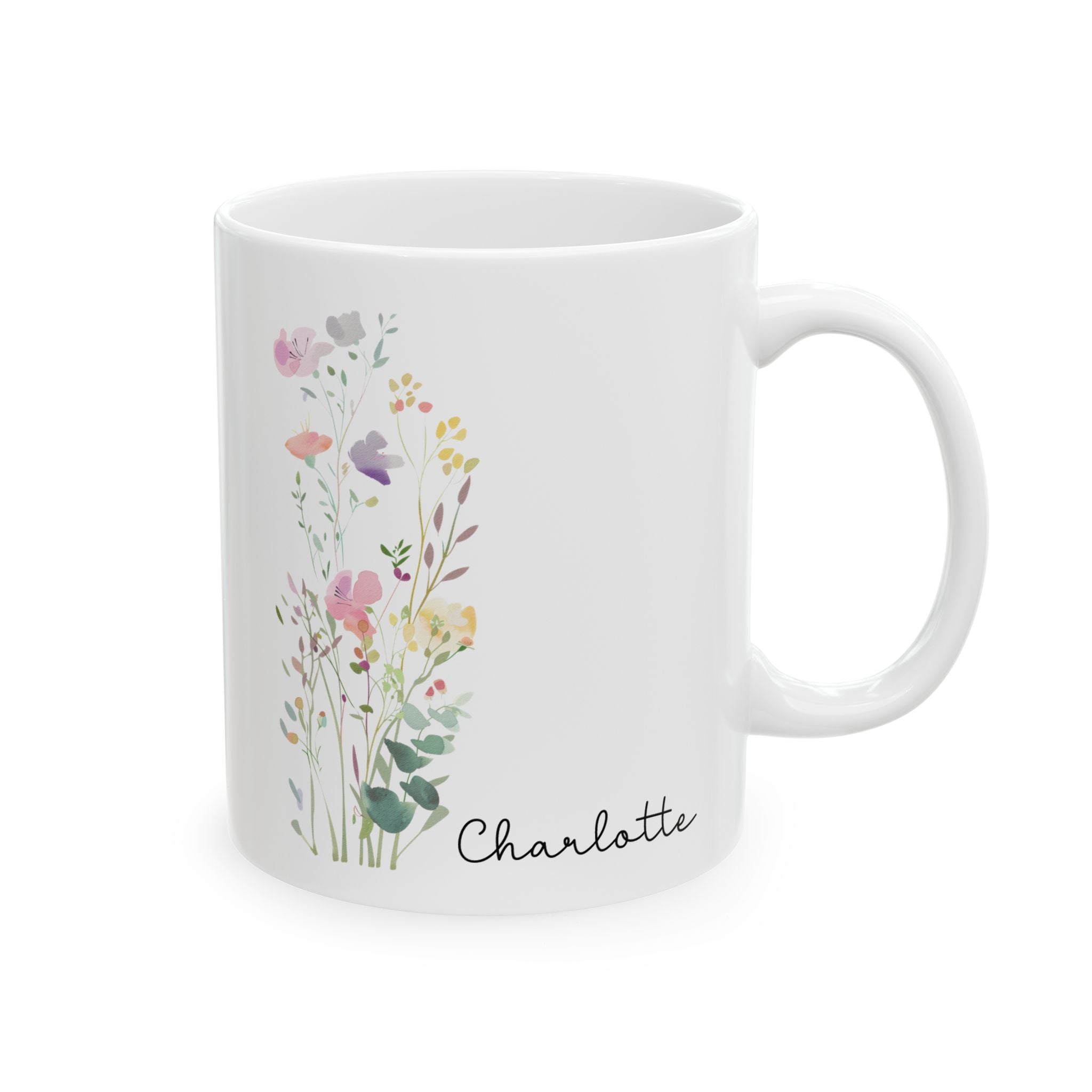 Personalized wildflower name mug for her, front view