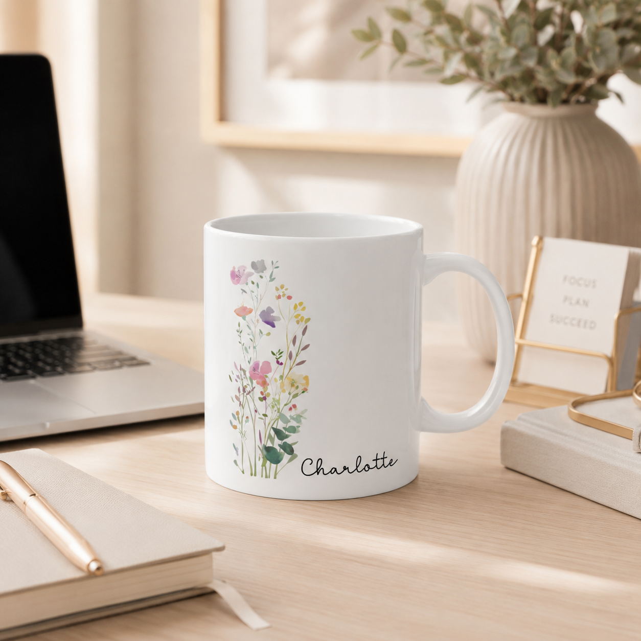 Personalized wildflower name mug displayed as a gift
