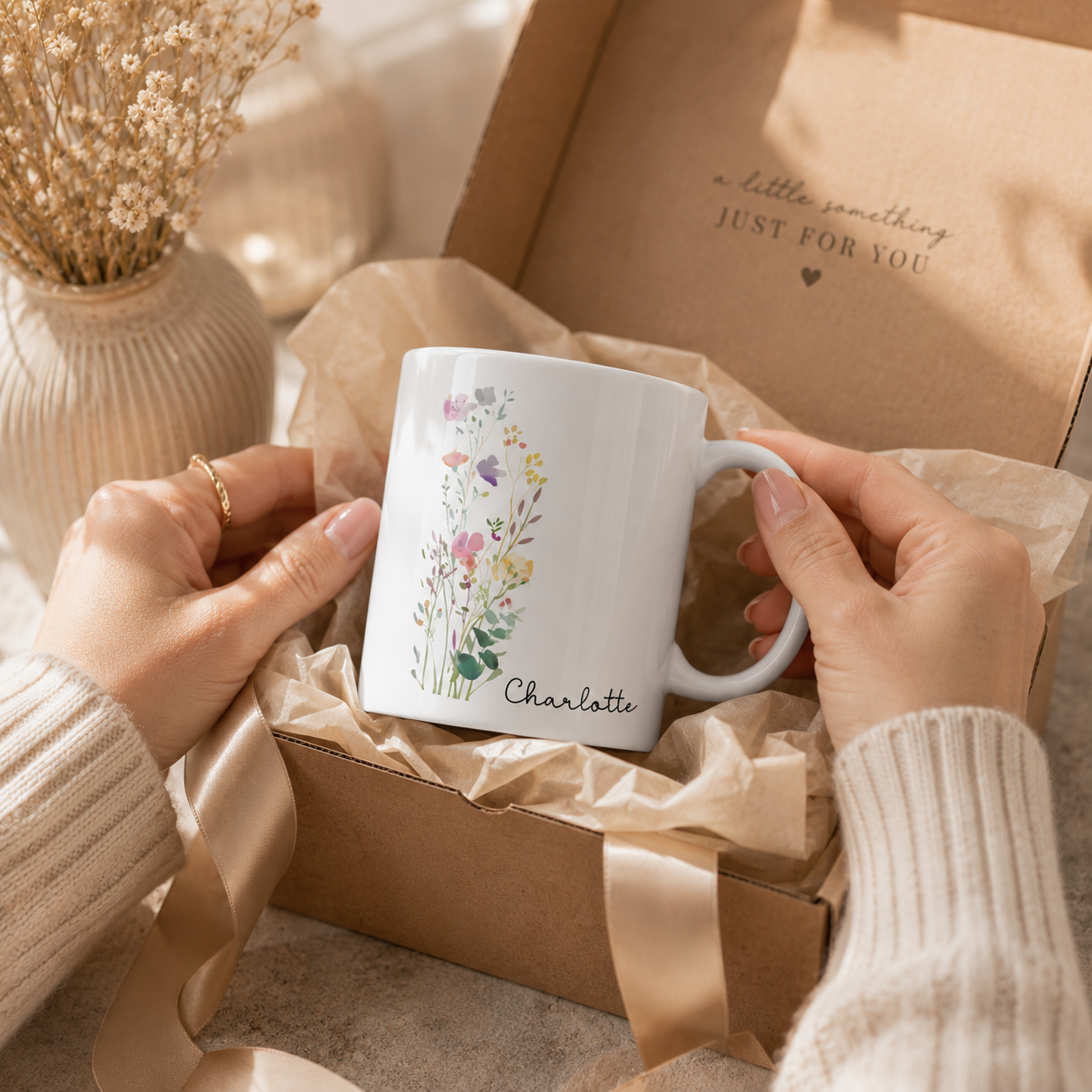 Personalized wildflower name mug shown as a birthday gift for her