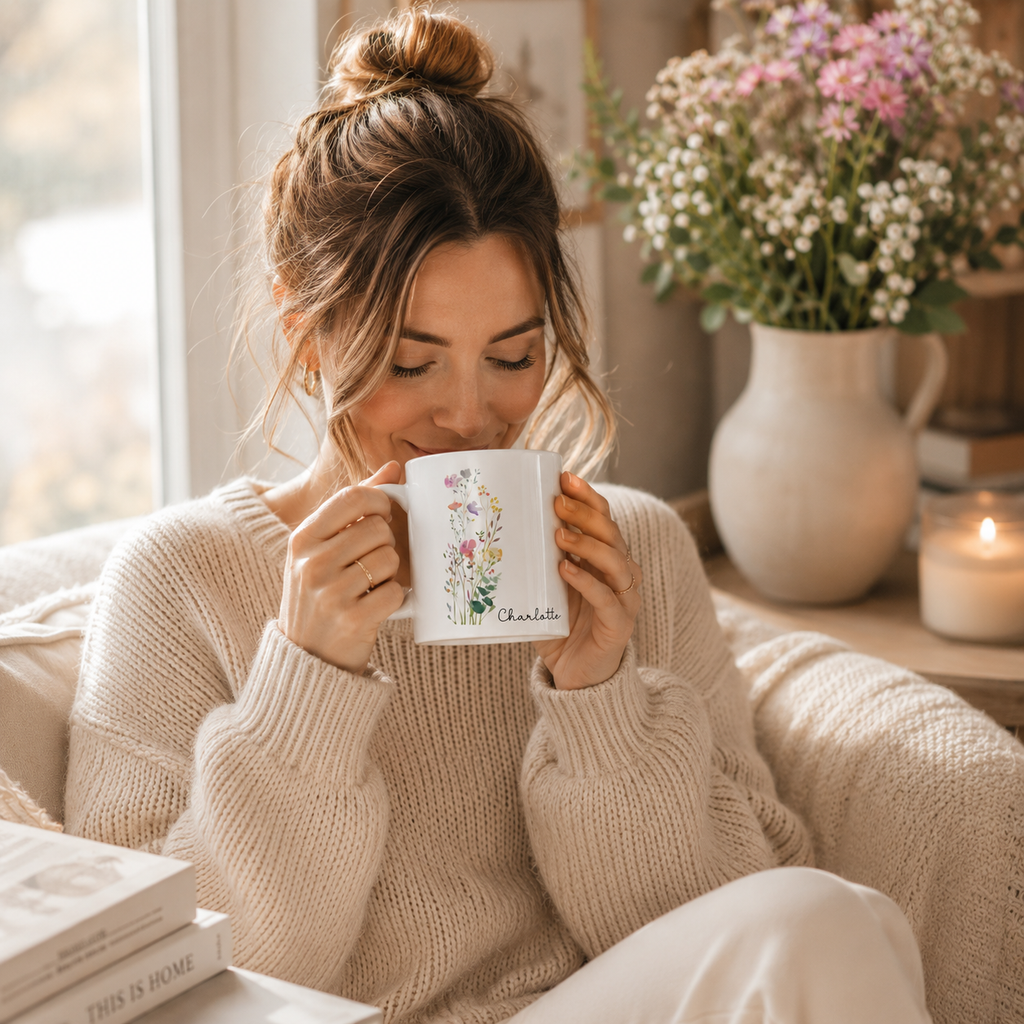 Personalized wildflower name mug shown from the side