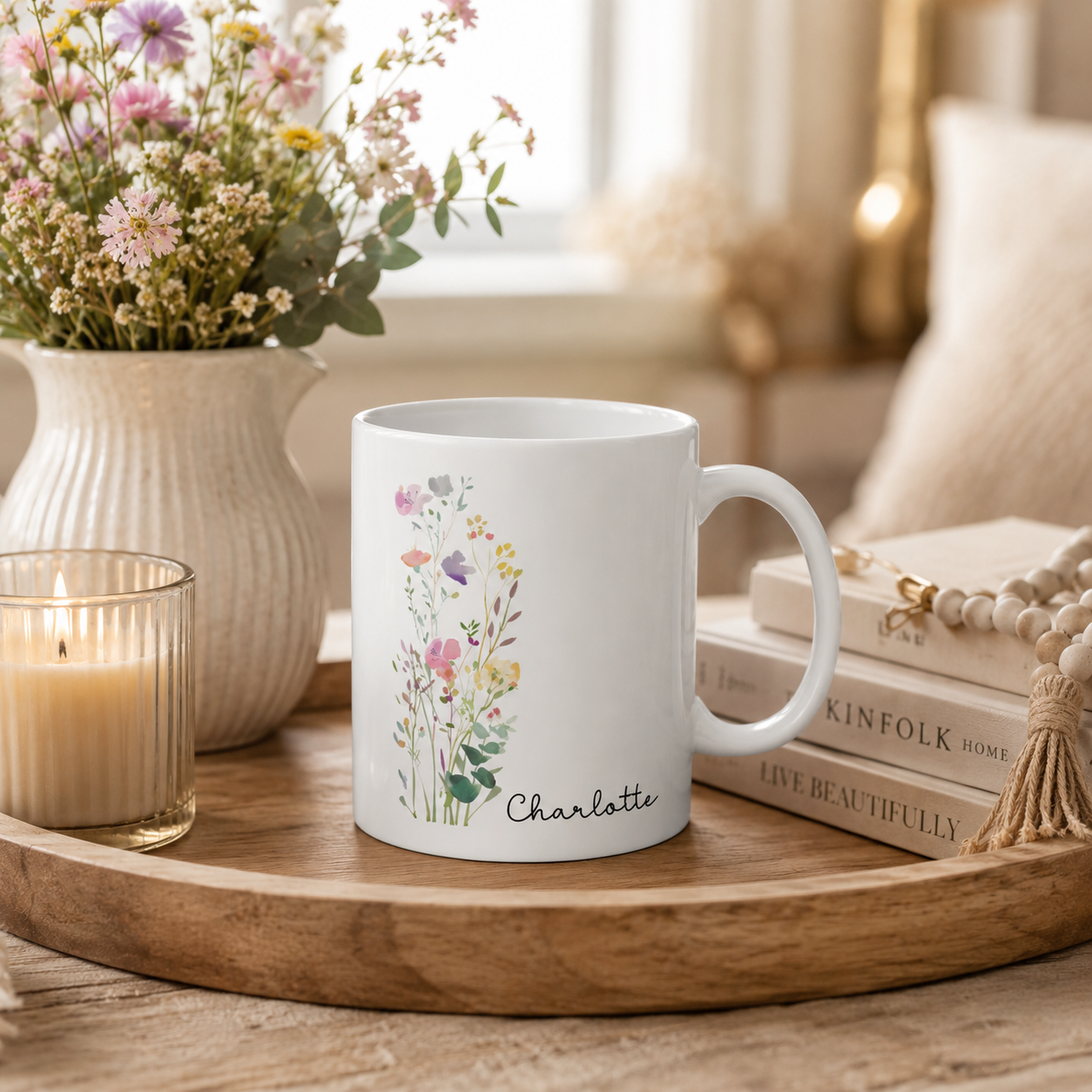 Personalized wildflower name mug size and detail view, 11oz and 15oz