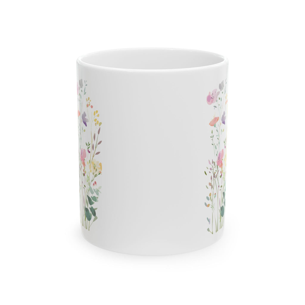 Personalized wildflower name mug shown on a table as a birthday gift