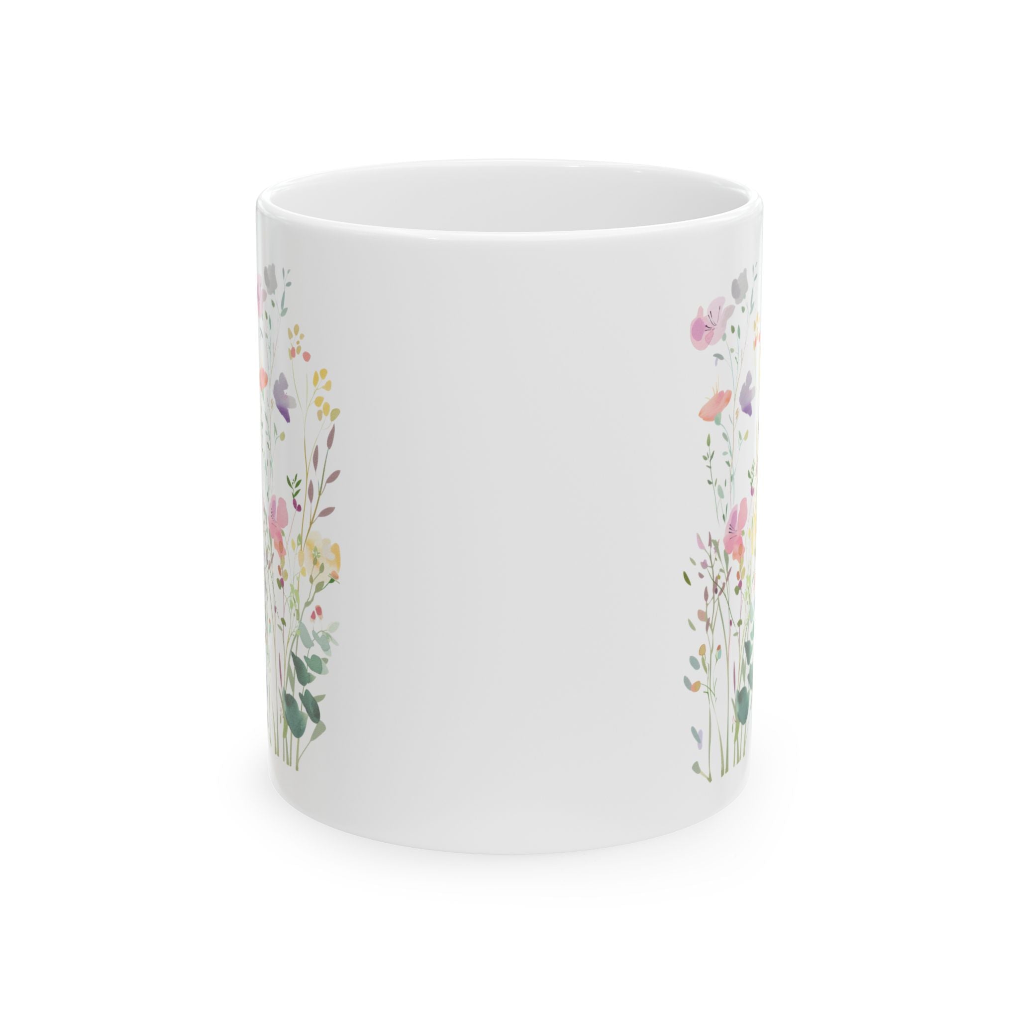 Personalized wildflower name mug shown on a table as a birthday gift