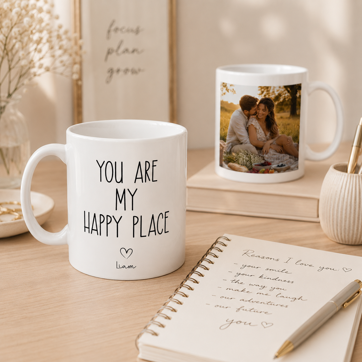 Personalized ceramic mug features — dishwasher and microwave safe
