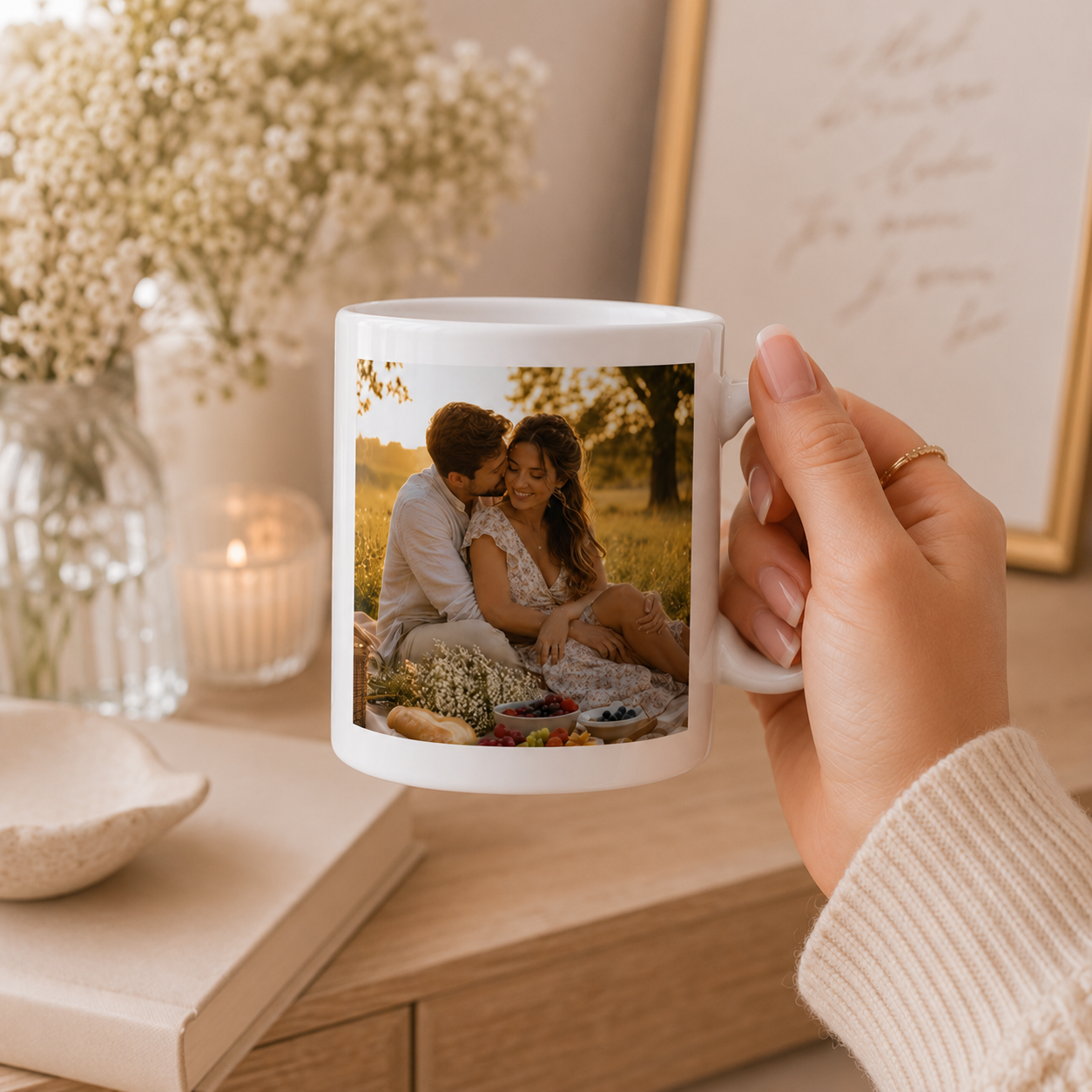 Personalized happy place couple photo mug displayed as a gift