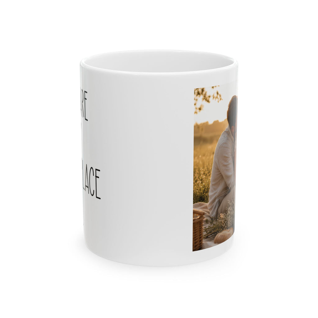 Personalized happy place couple photo mug held in hand