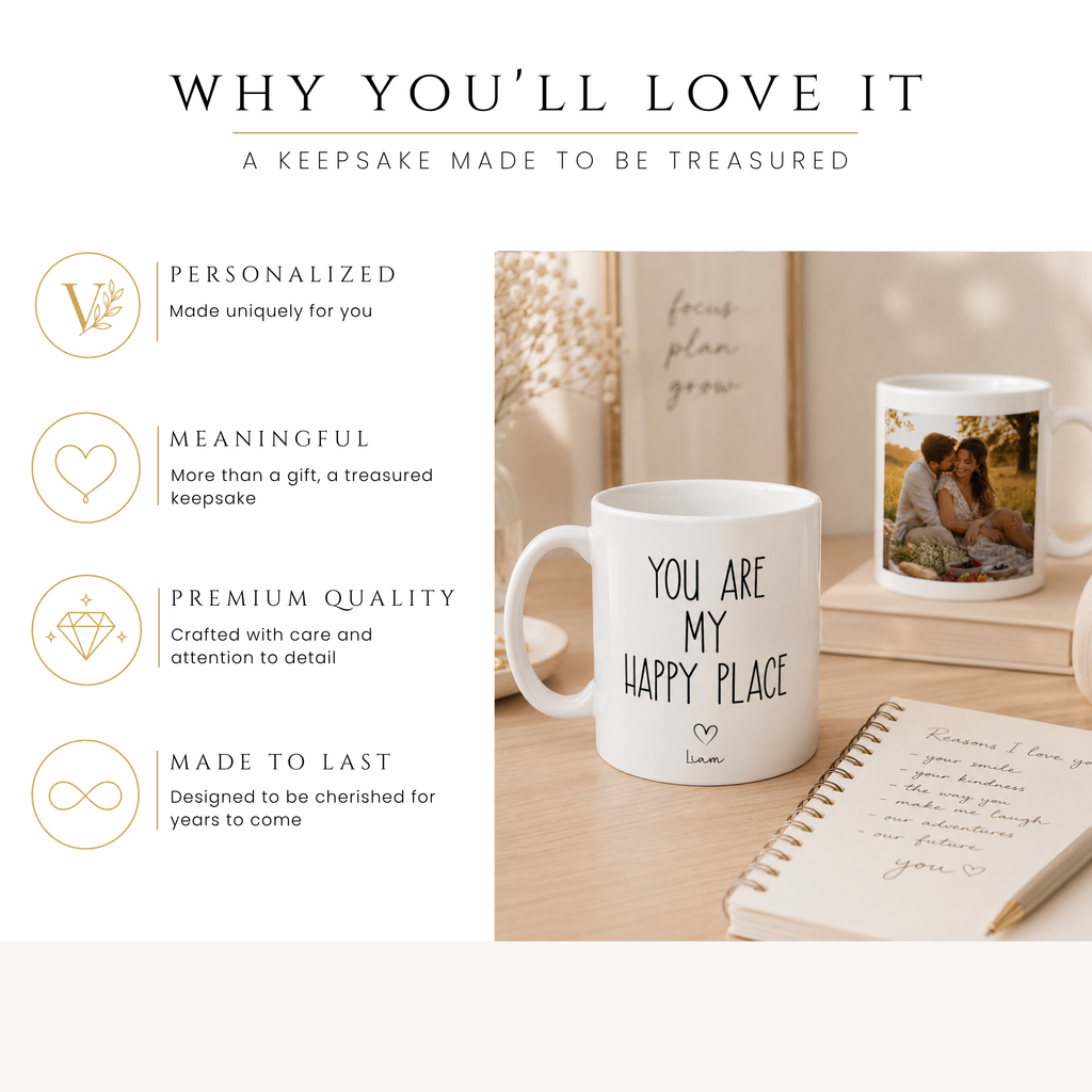 Personalized happy place couple photo mug, handle-side view