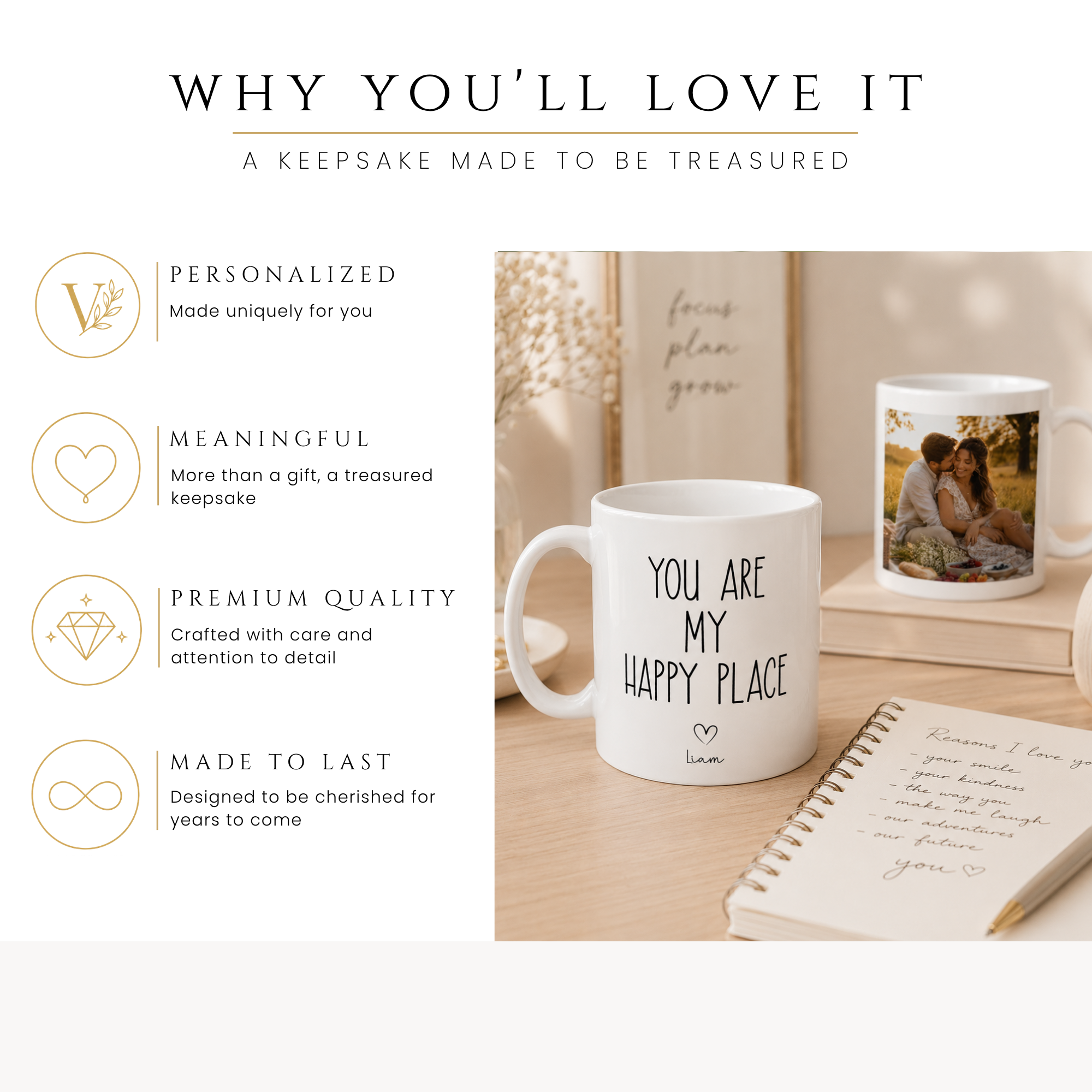 Personalized happy place couple photo mug, handle-side view
