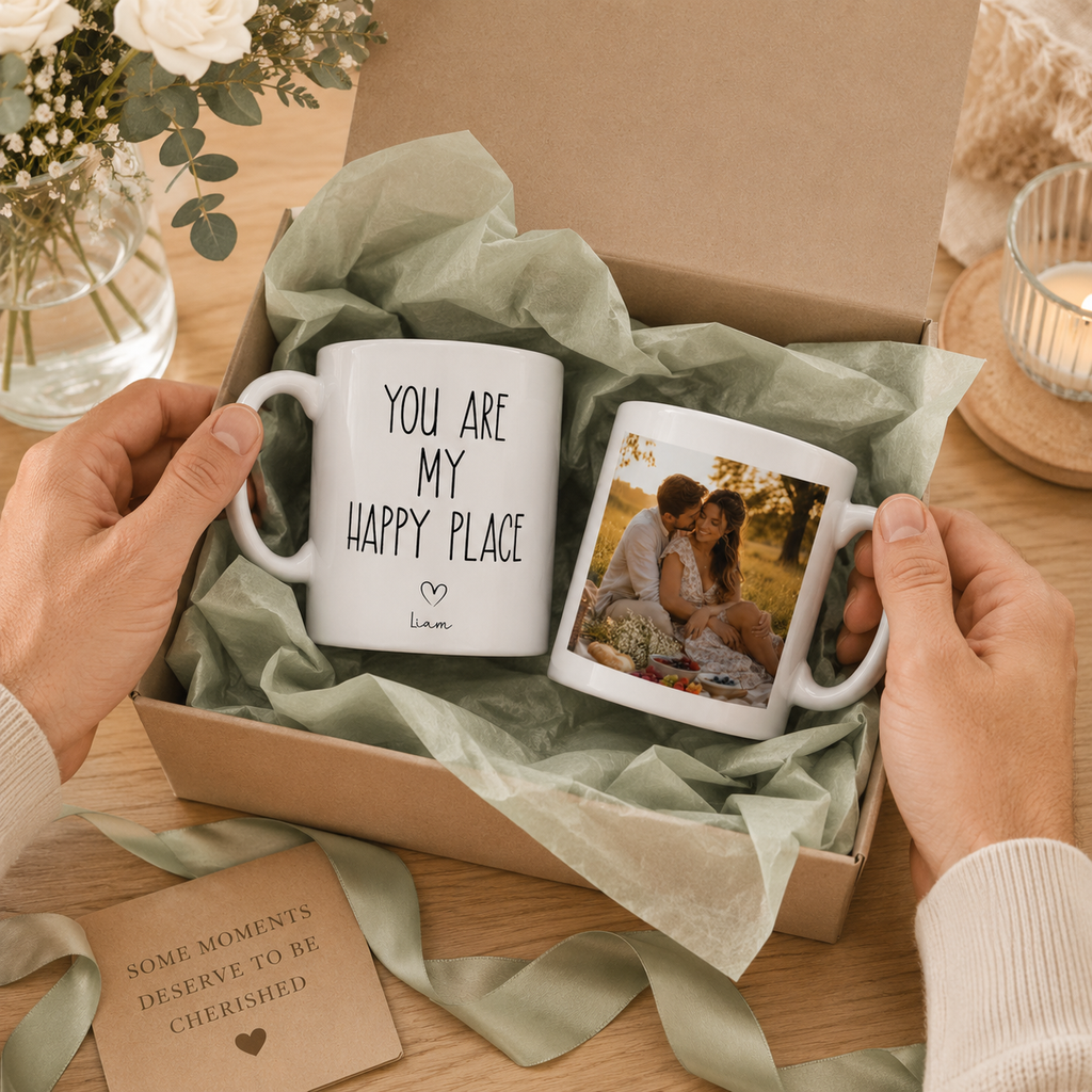 Personalized happy place couple photo mug shown from the side