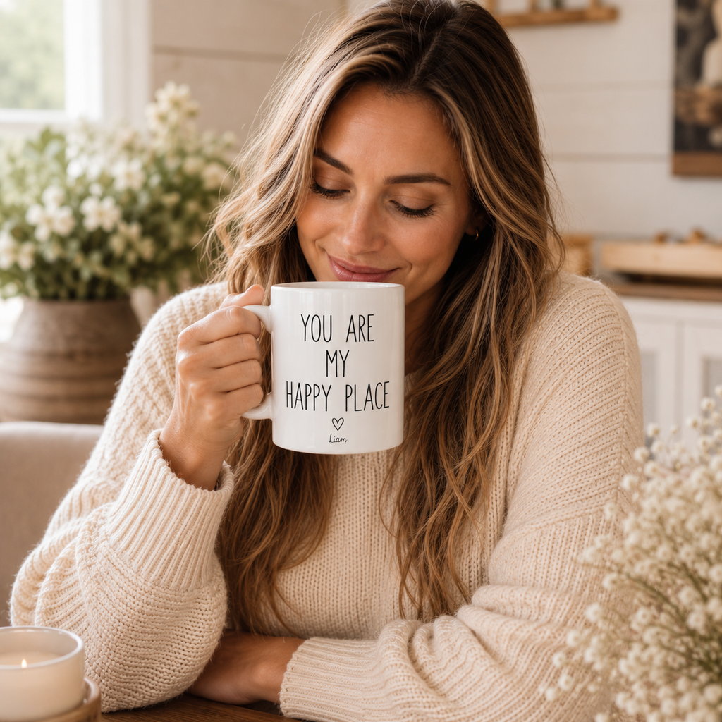 Personalized happy place couple photo mug size and detail view, 11oz and 15oz