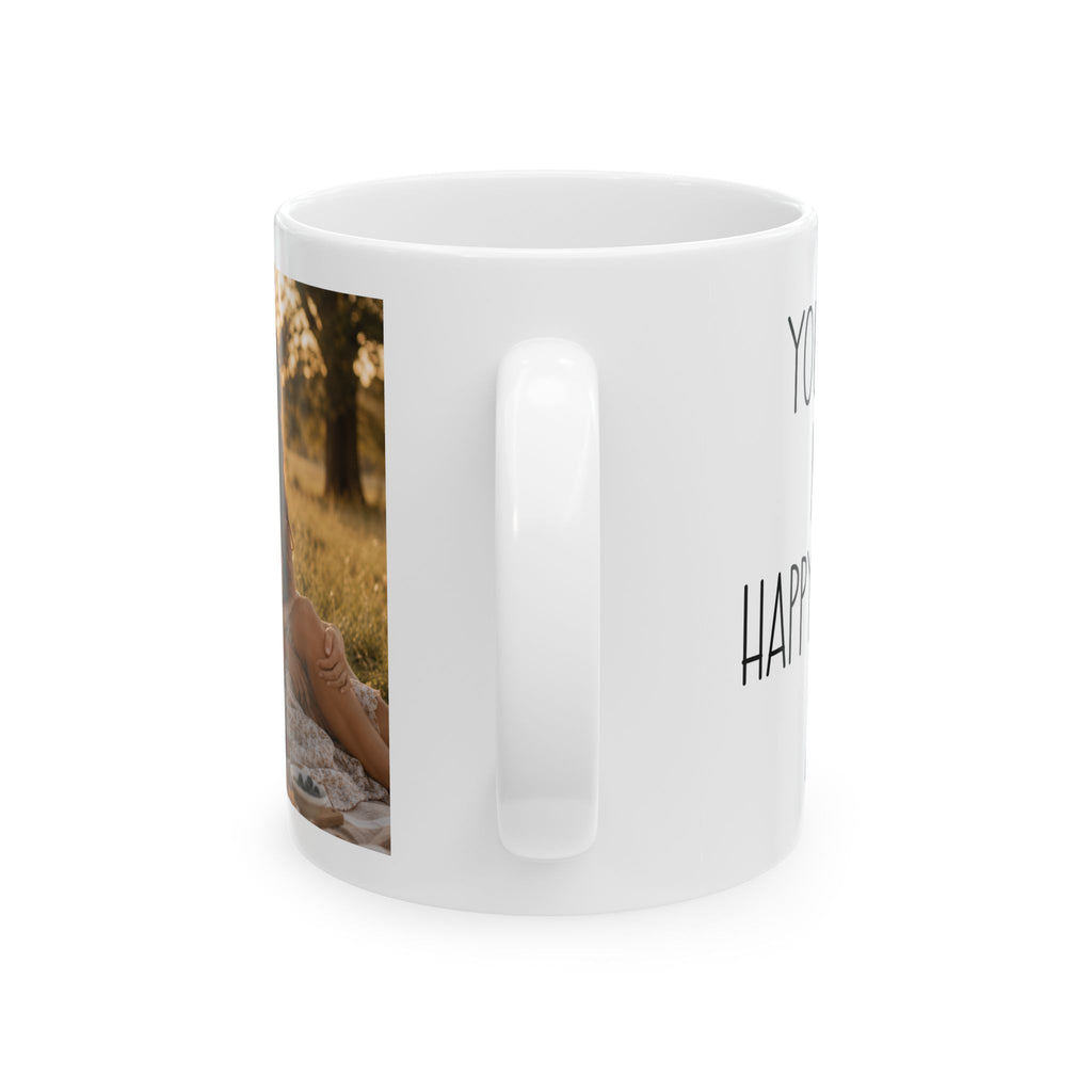 Personalized happy place couple photo mug shown on a table as an anniversary gift